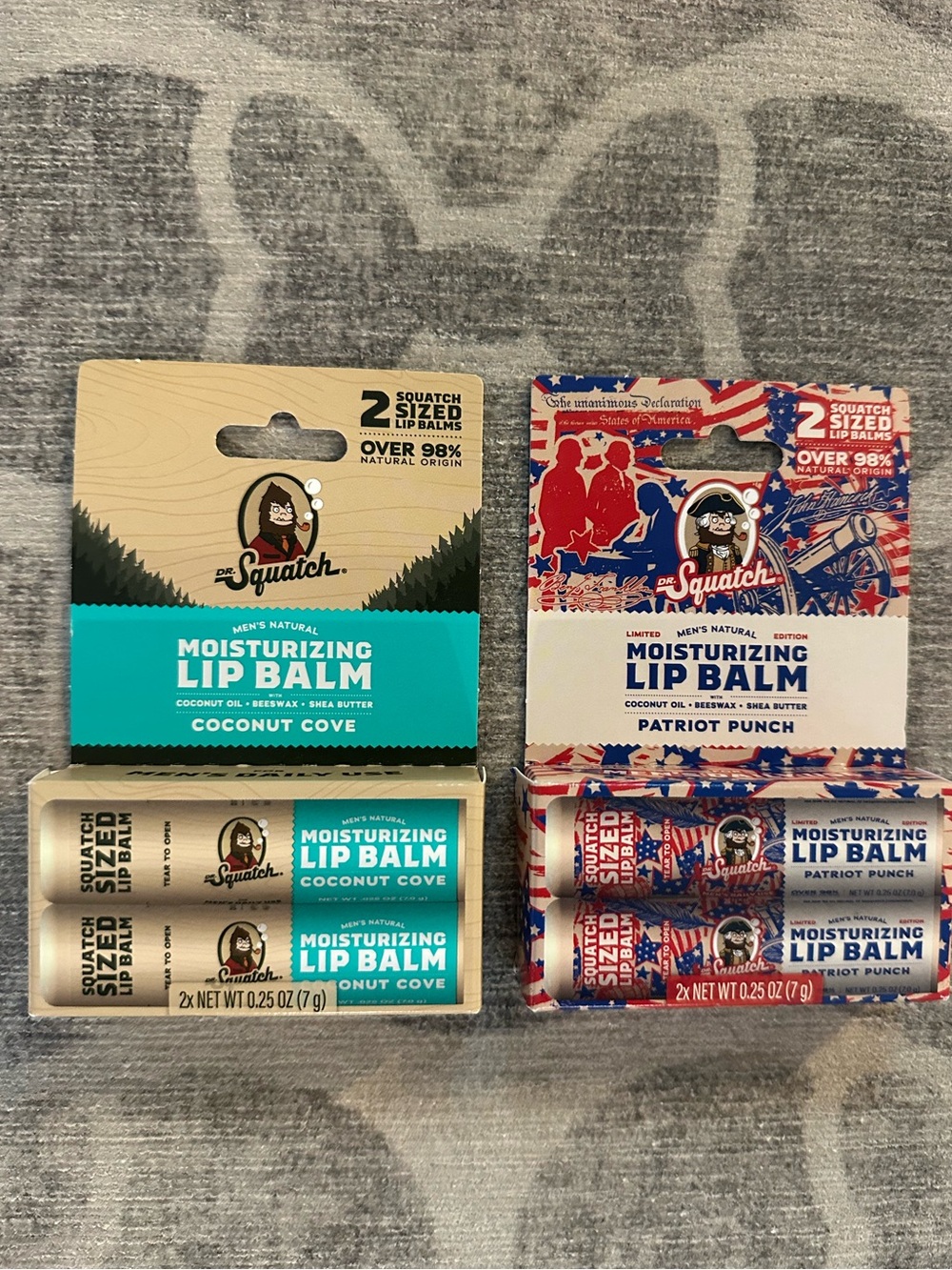 Dr. Squatch (2 packs) moisturizing lip balm (coconut cove & patriotic punch)